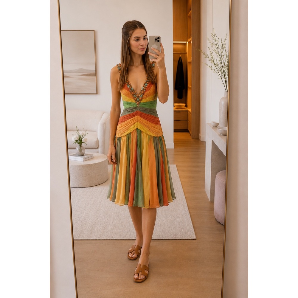 NEW Mandalay Privee Sunset Multicolor Beaded Ruched Midi Dress Size 6